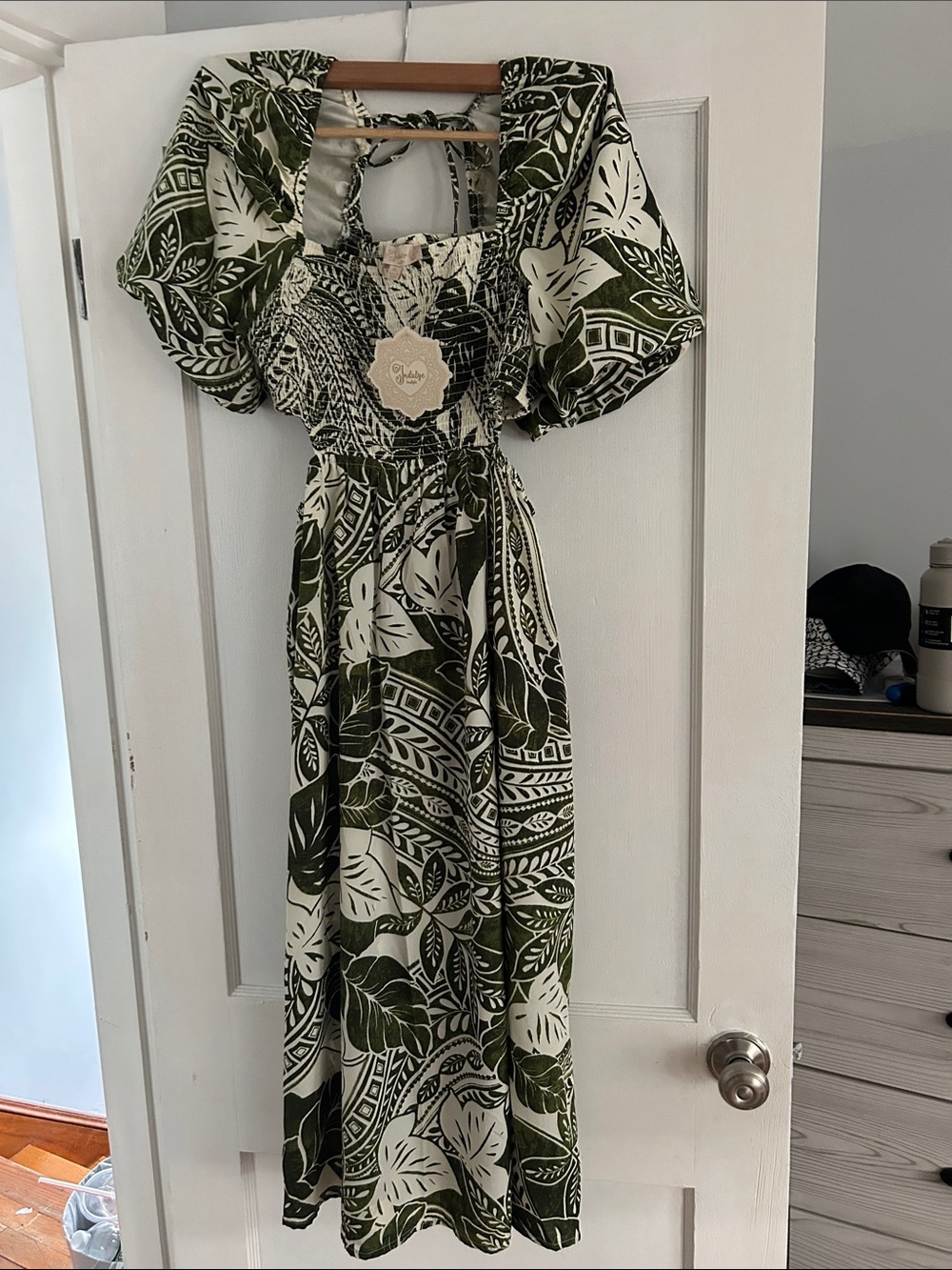 indulge Olive and White Tropical Maxi Dress